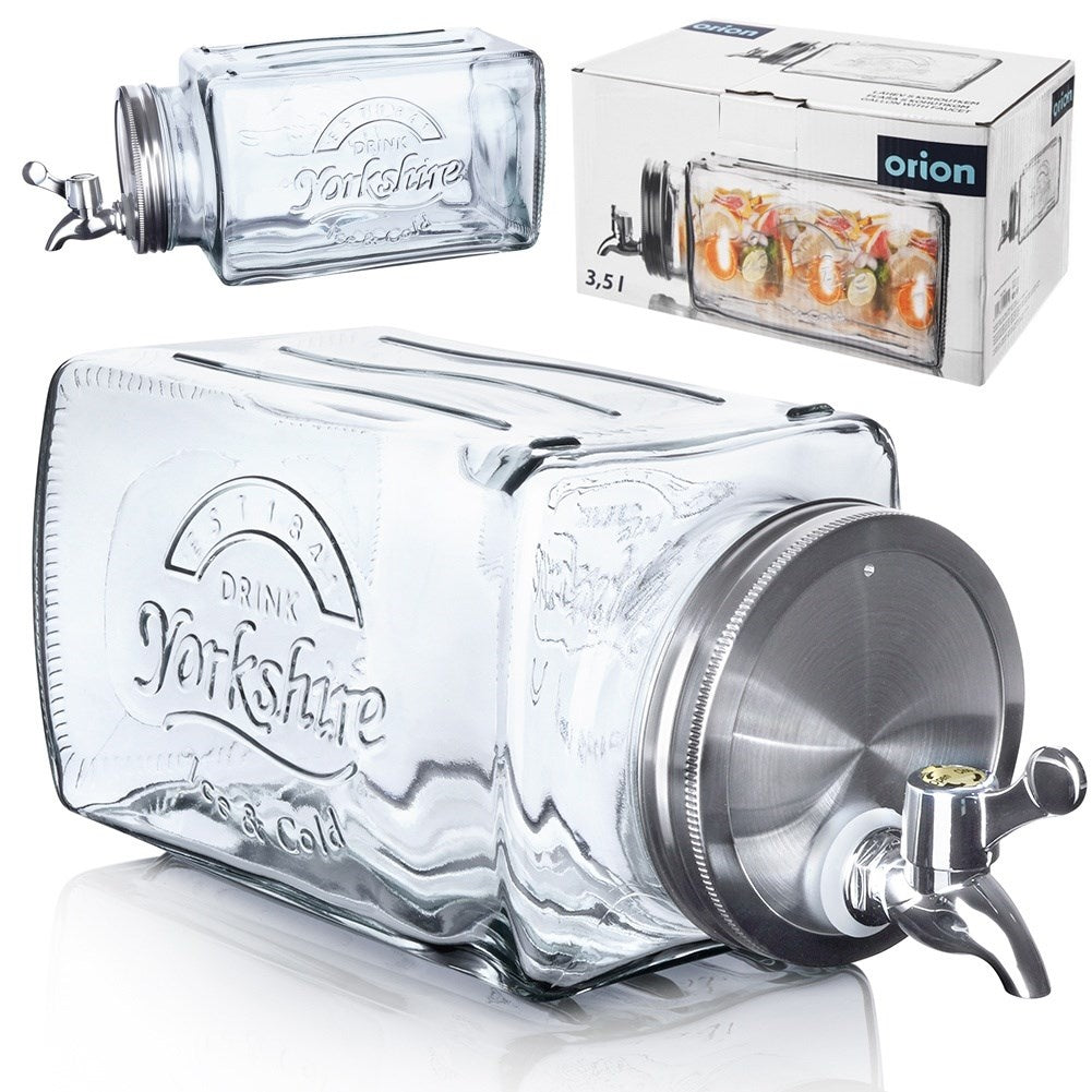 Beverage can with tap for fruit and ice, fridge-friendly