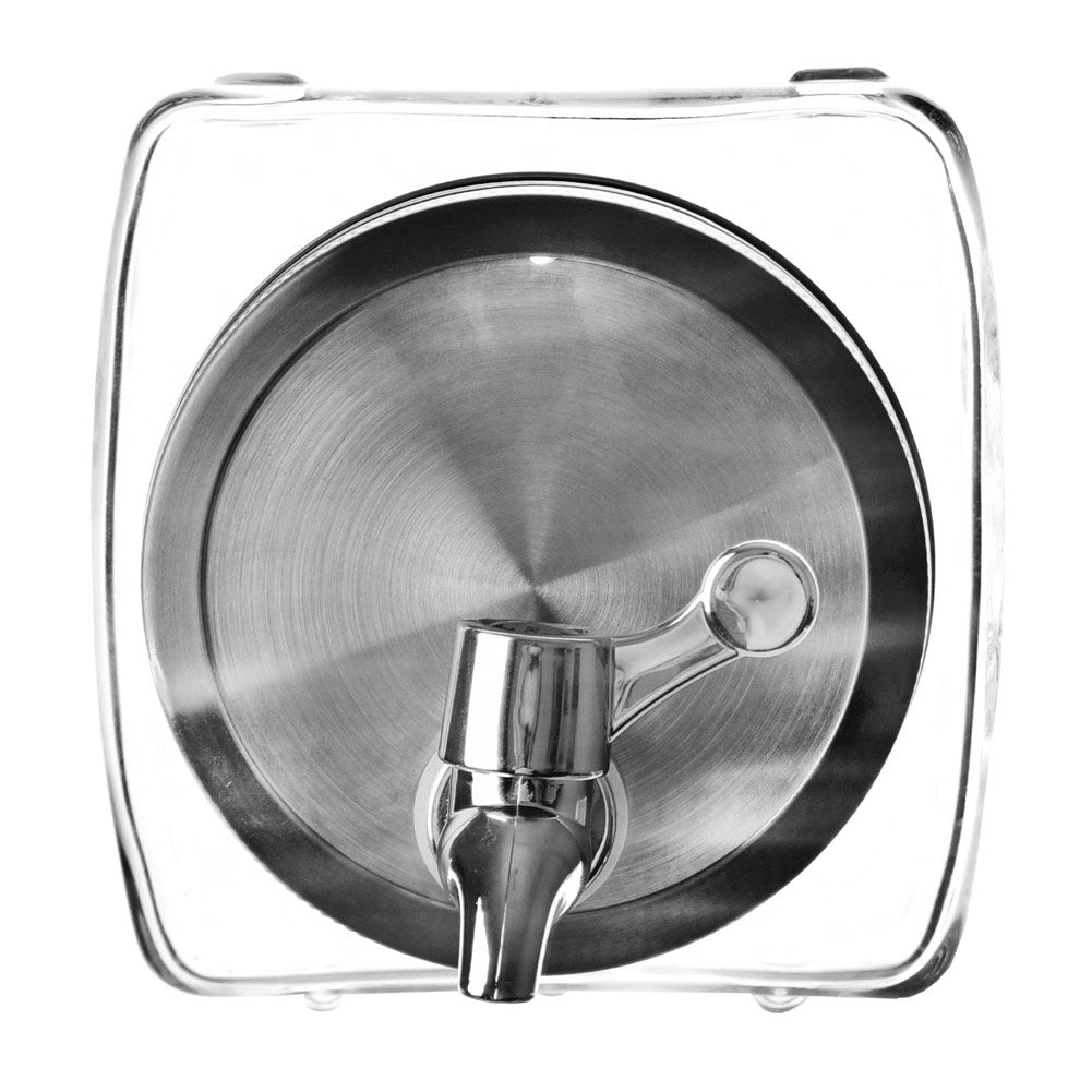 Beverage can with tap for fruit and ice, fridge-friendly