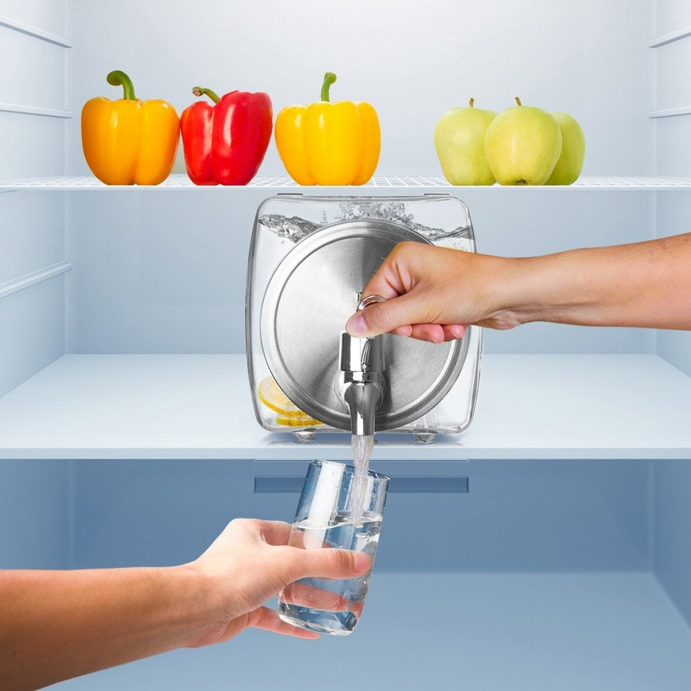 Beverage can with tap for fruit and ice, fridge-friendly