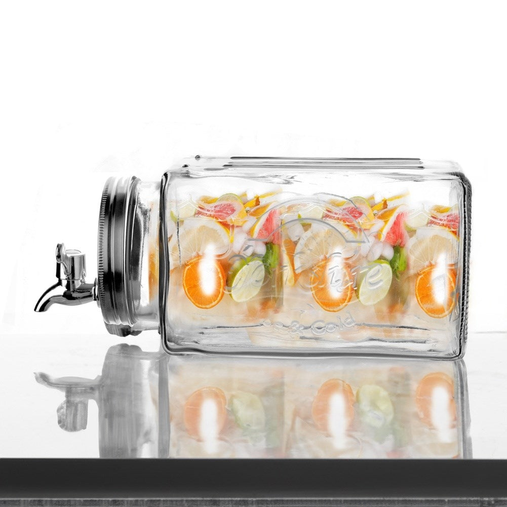 Beverage can with tap for fruit and ice, fridge-friendly