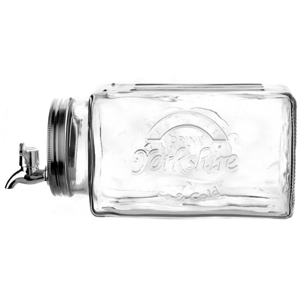 Beverage can with tap for fruit and ice, fridge-friendly