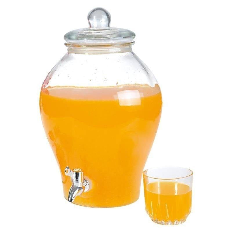 Beverage dispenser with faucet for lemonade or bonfire with pieces of fruit