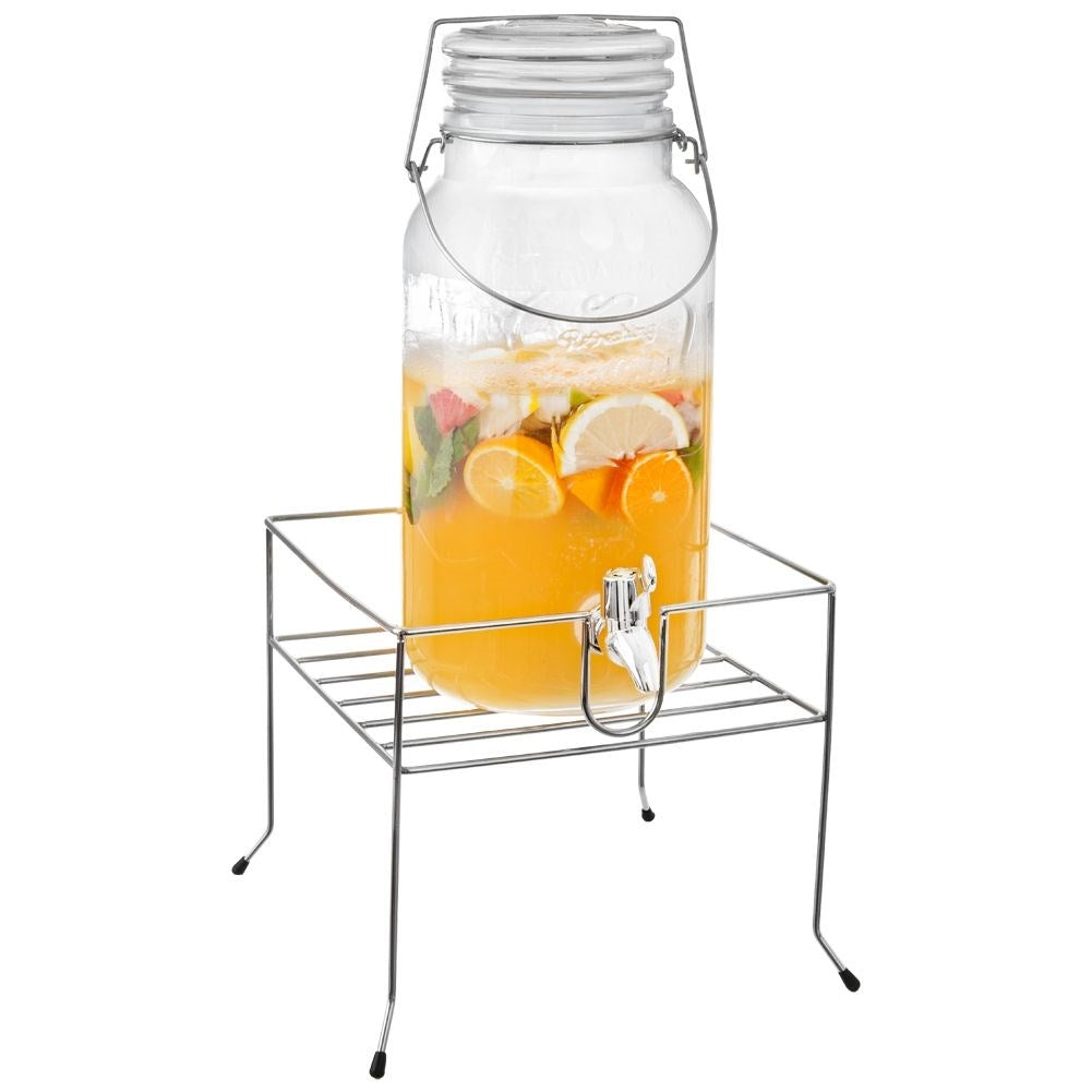 Beverage stand with faucet, fits 3-8L containers. Easy bottling.