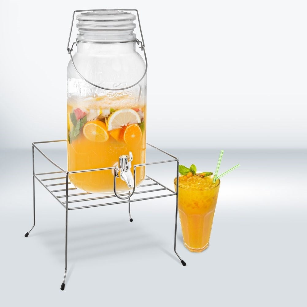 Beverage stand with faucet, fits 3-8L containers. Easy bottling.