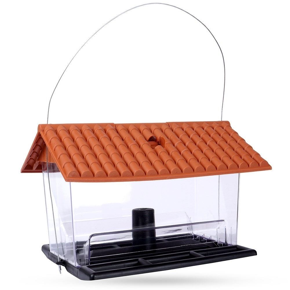 Bird feeder for seeds and feed with perches and lid