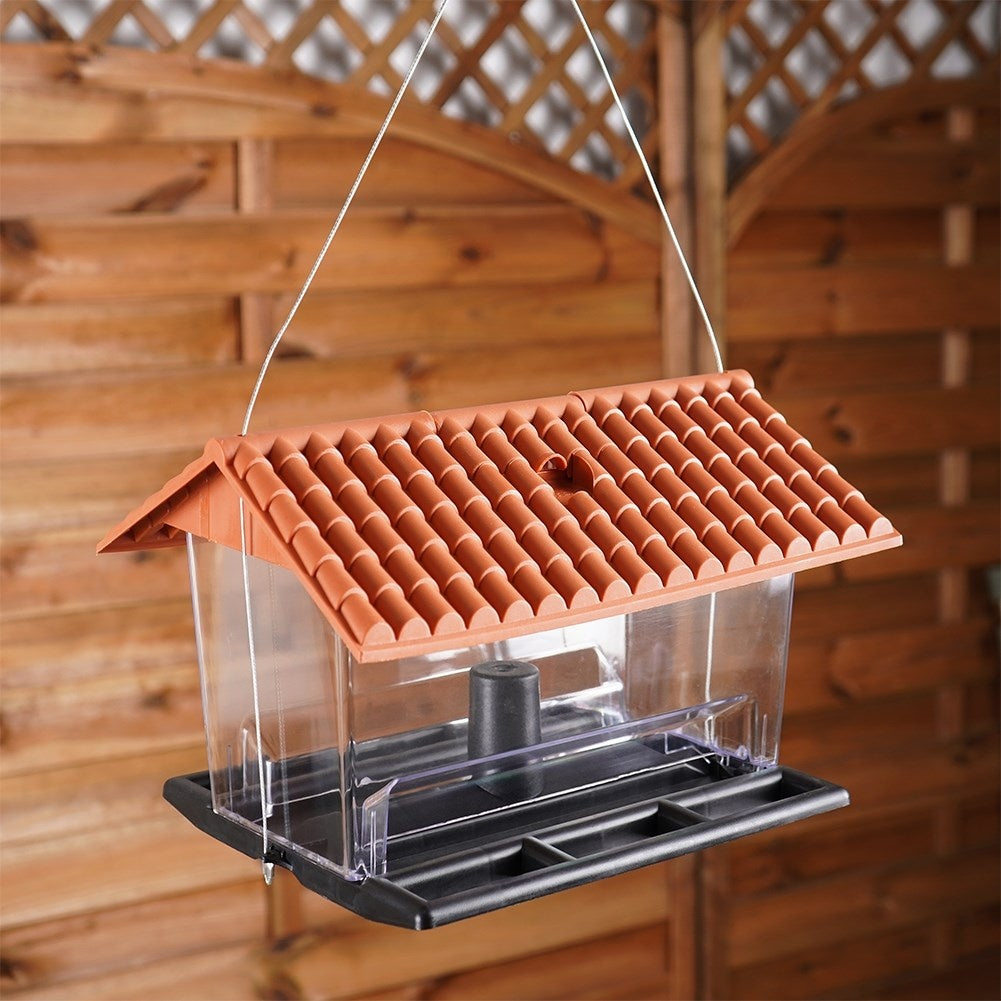 Bird feeder for seeds and feed with perches and lid