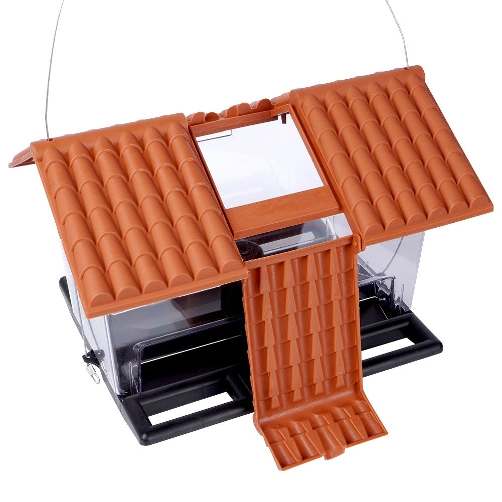 Bird feeder for seeds and feed with perches and lid