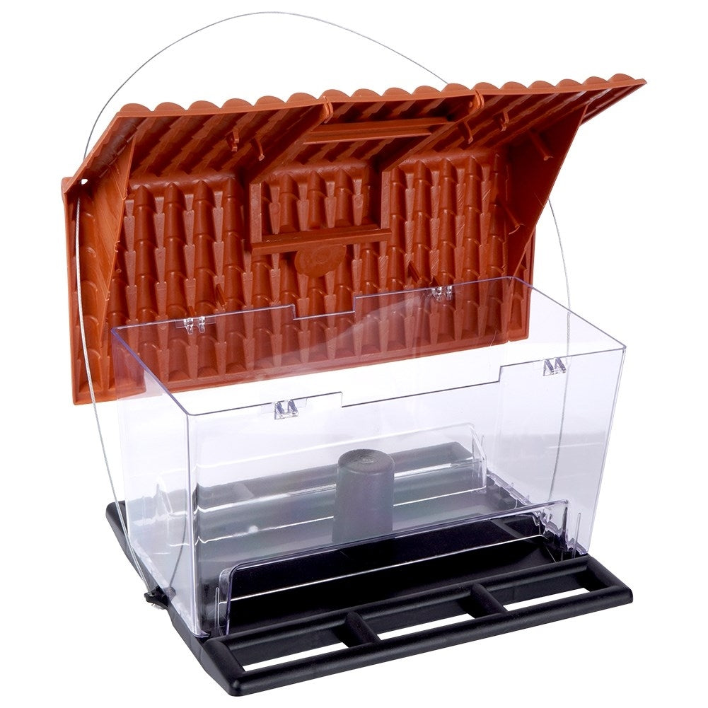 Bird feeder for seeds and feed with perches and lid