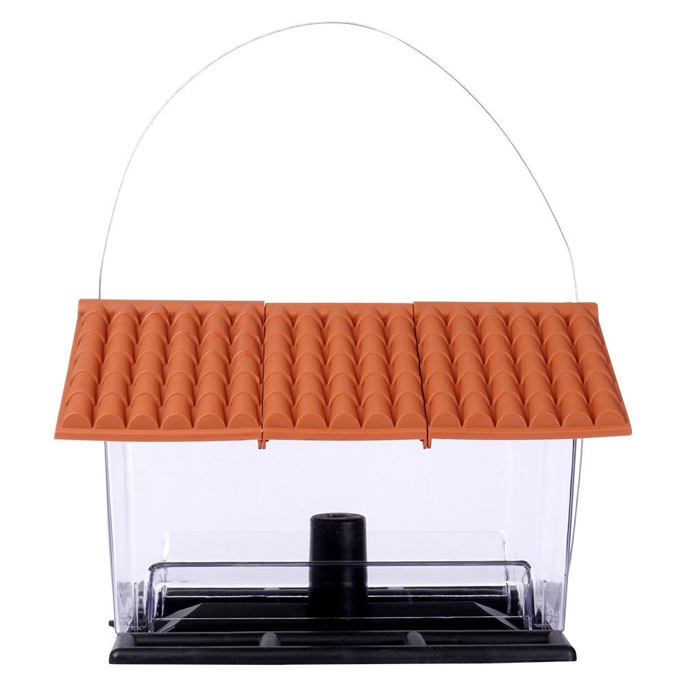 Bird feeder for seeds and feed with perches and lid