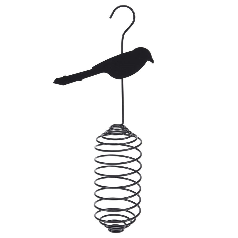 Bird feeder in black metal for tallow balls with feather design
