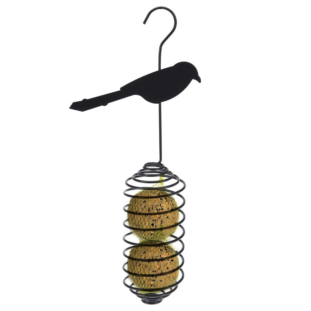 Bird feeder in black metal for tallow balls with feather design