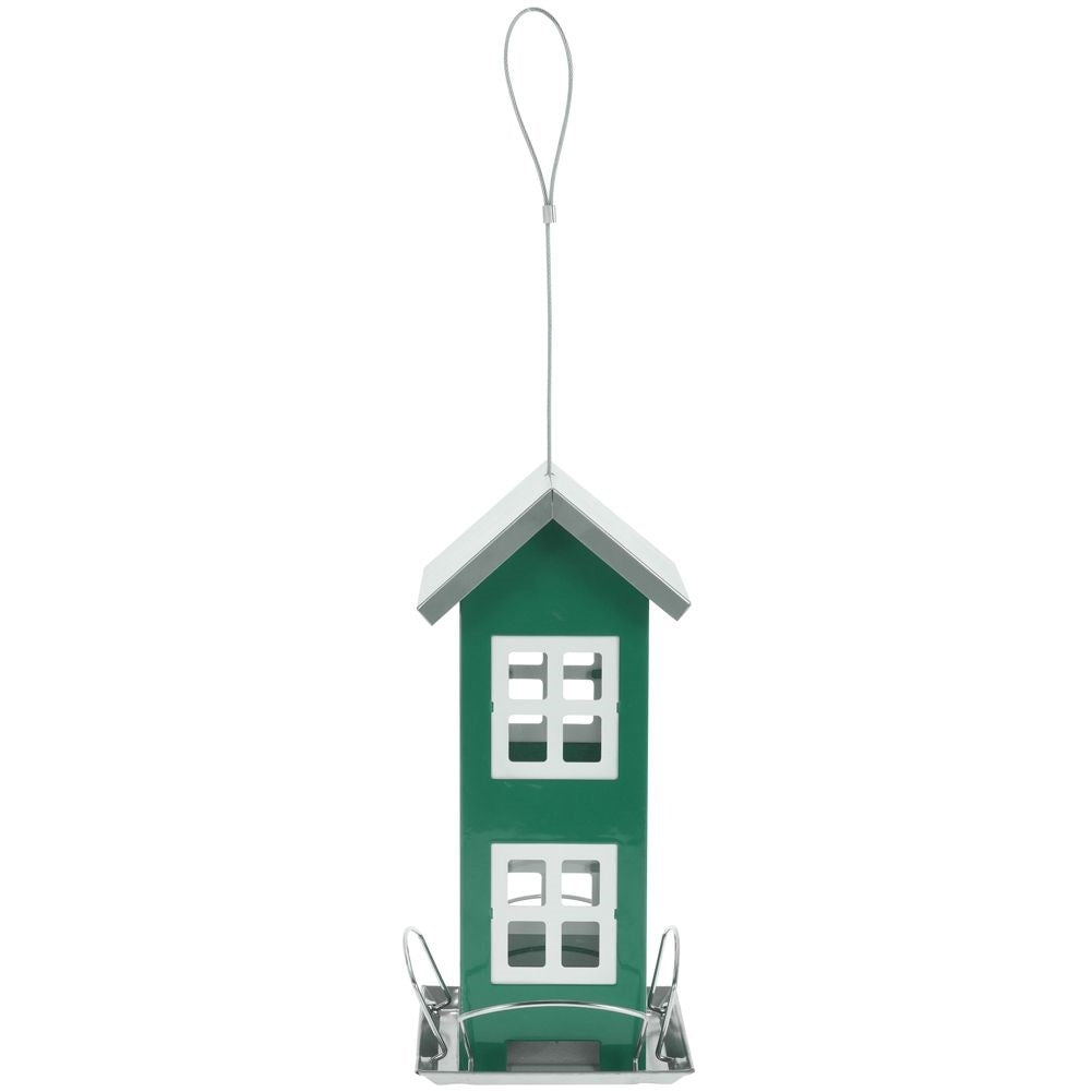 Bird feeder in the form of a charming green house with seating