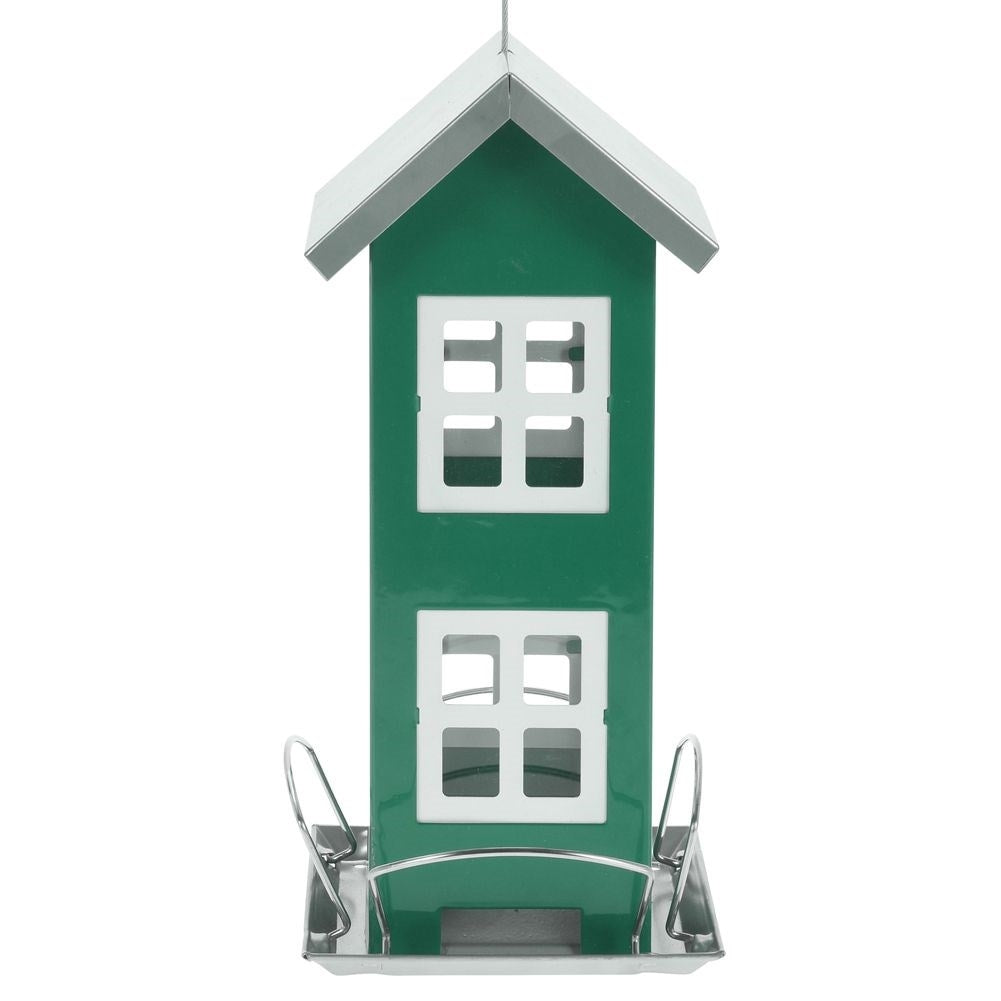 Bird feeder in the form of a charming green house with seating