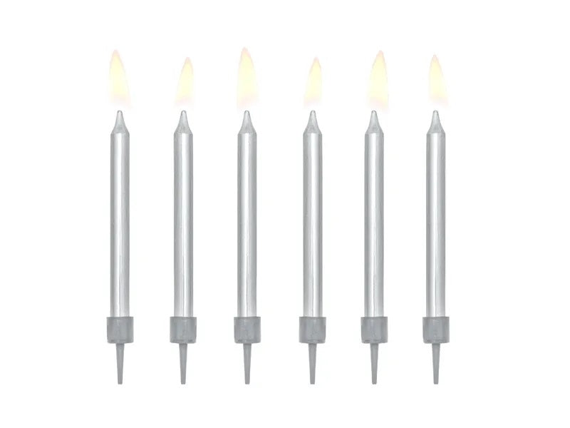 Birthday cake candles plain silver 6cm 6 pieces