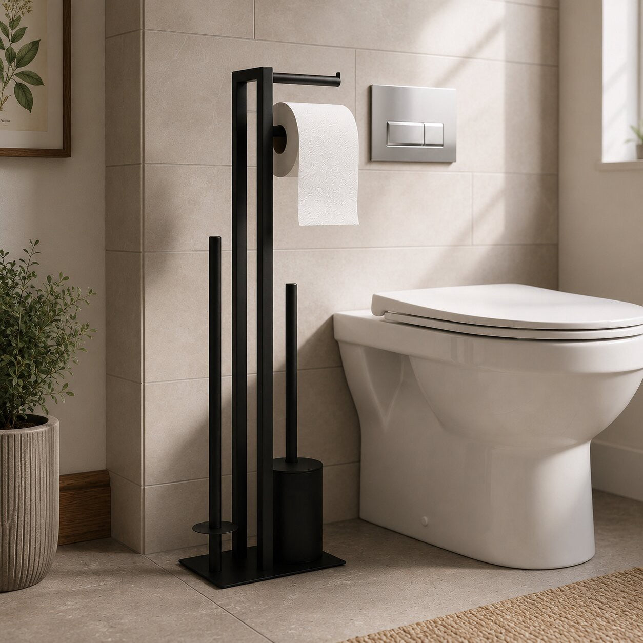 Black Bathroom Stand with Toilet Paper Holder and Brush