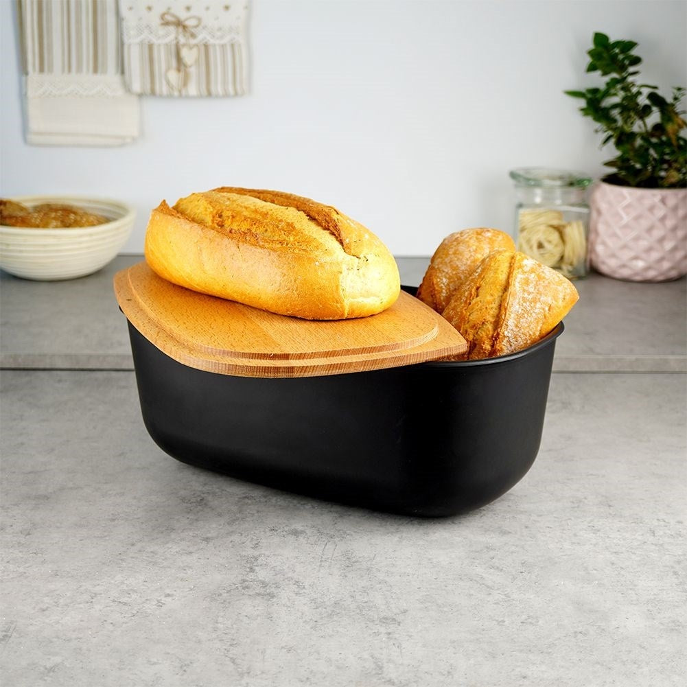 Black Bread Box with Cutting Board Lid in High Quality Plastic