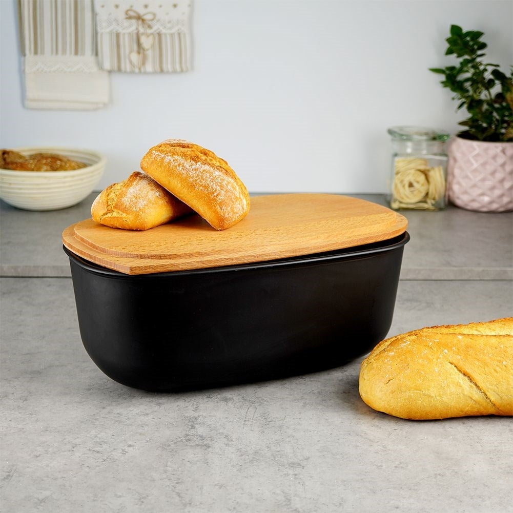 Black Bread Box with Cutting Board Lid in High Quality Plastic