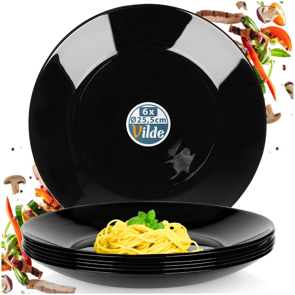 Black Glass Dinner Plates, 25.5 cm, Set of 6
