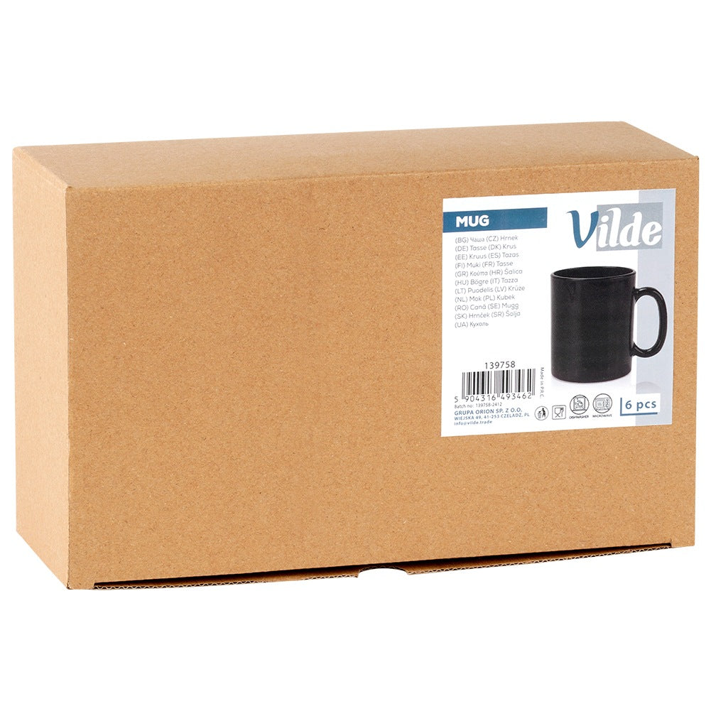 Black Glass Mugs, 300 ml, Set of 6