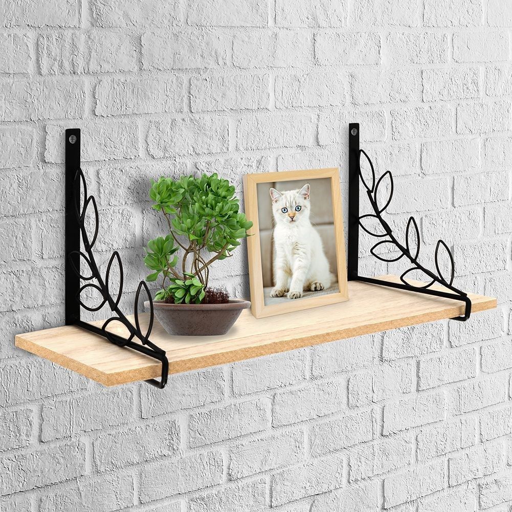 Black Metal Hanging Shelf with Leaf Pattern