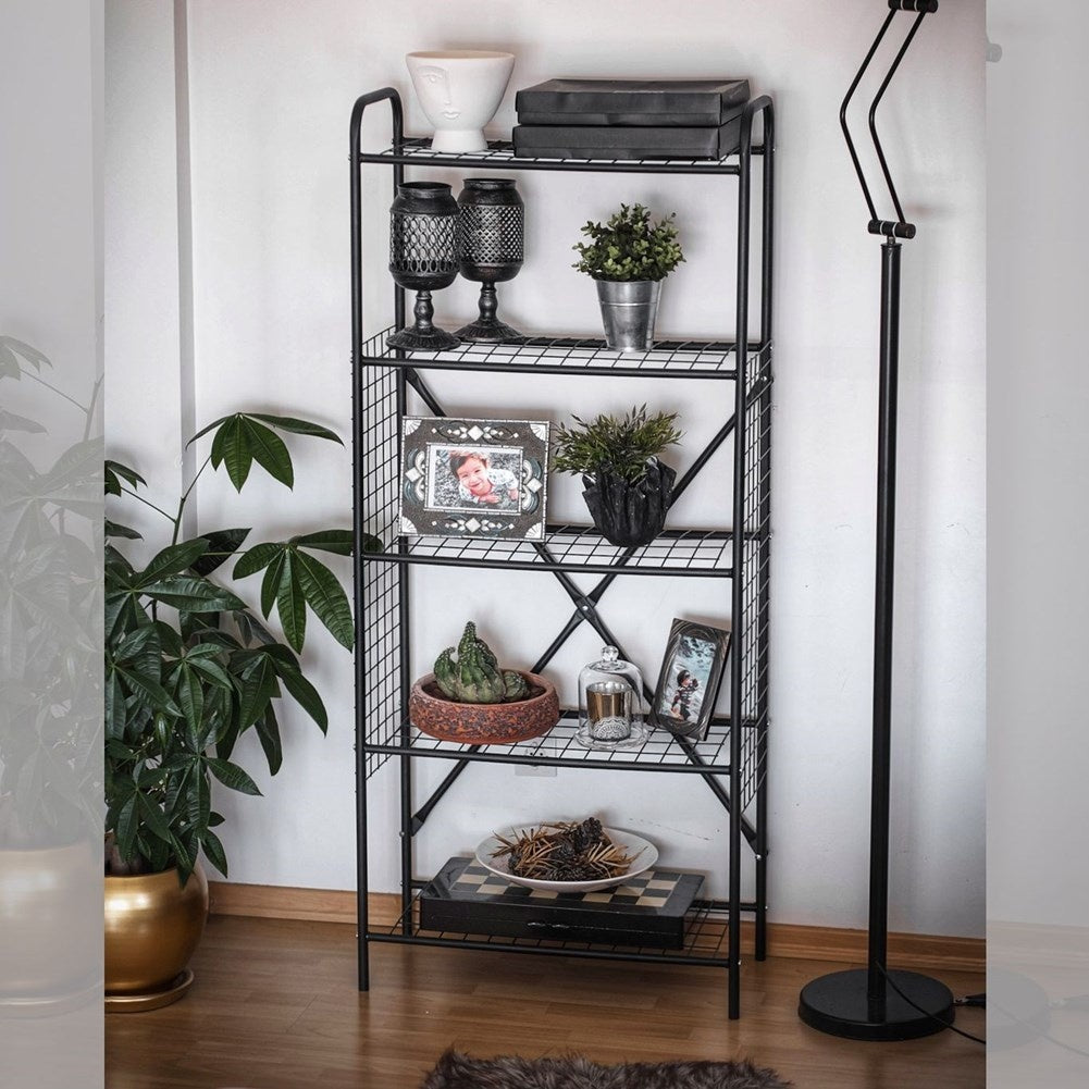 Black Metal Shelf with Five Shelves for Versatile Storage
