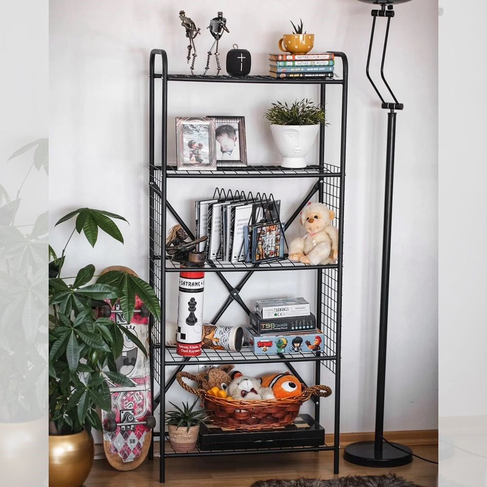 Black Metal Shelf with Five Shelves for Versatile Storage