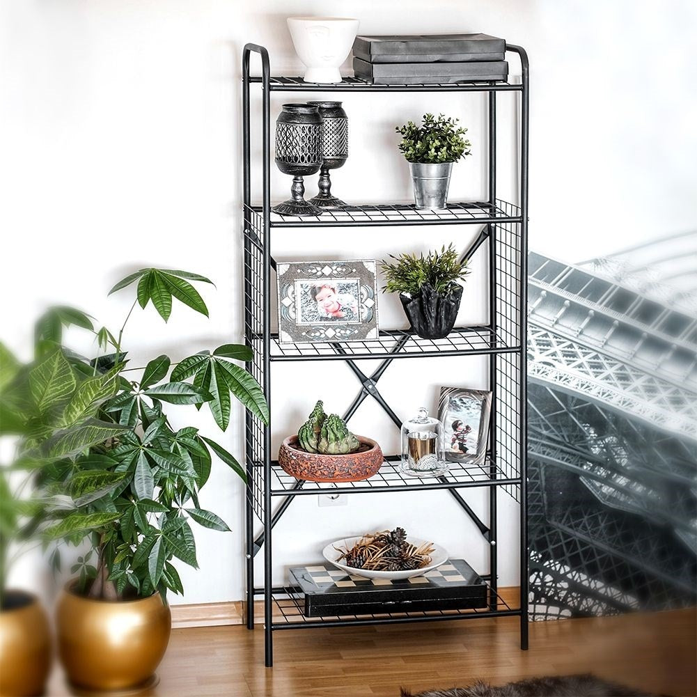 Black Metal Shelf with Five Shelves for Versatile Storage
