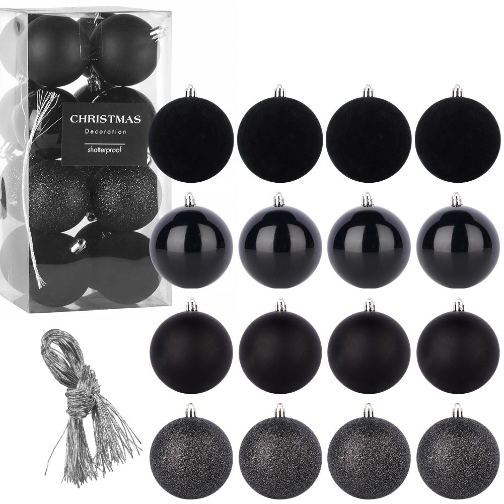 Black Shatterproof Christmas Baubles, 6 cm, Set of 16
