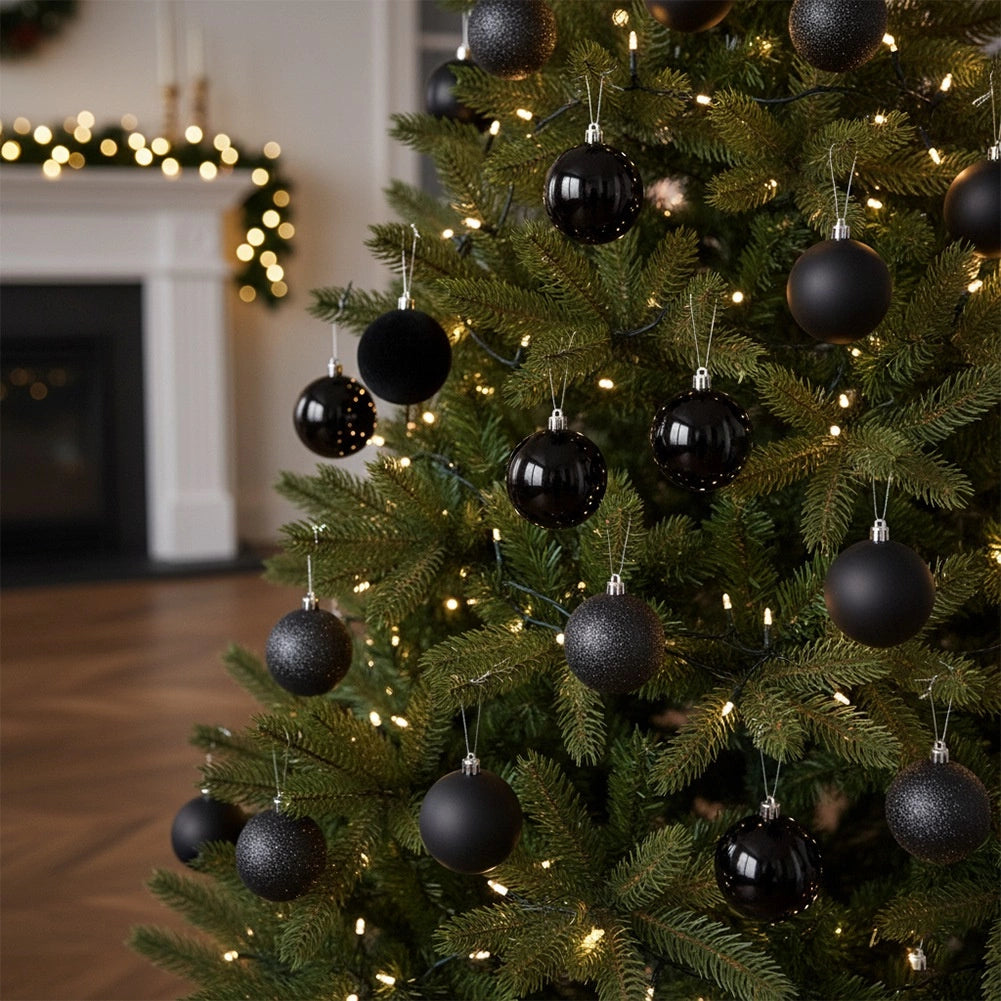 Black Shatterproof Christmas Baubles, 6 cm, Set of 16