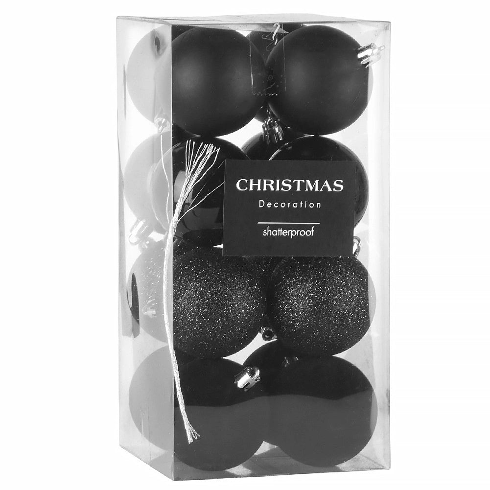 Black Shatterproof Christmas Baubles, 6 cm, Set of 16