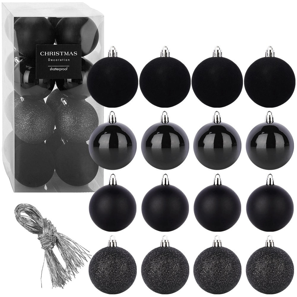 Black Shatterproof Christmas Baubles, 8 cm, Set of 16