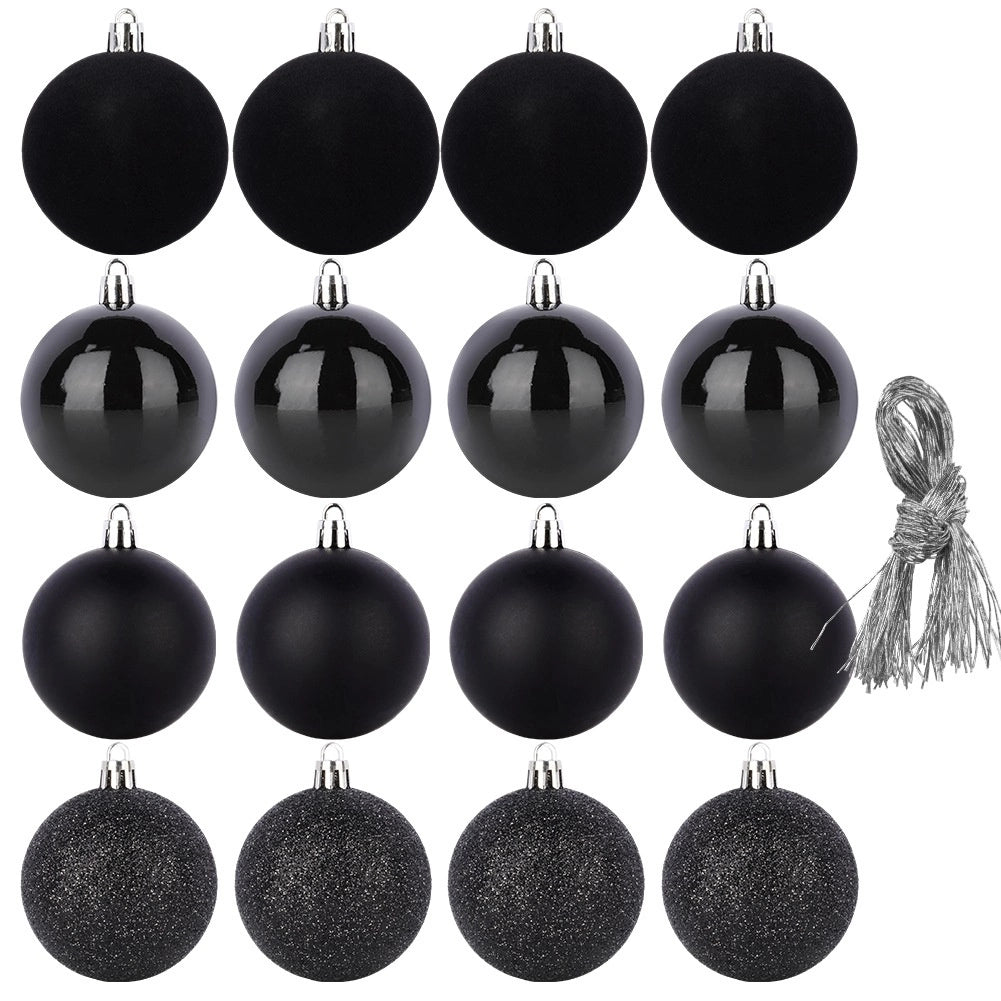 Black Shatterproof Christmas Baubles, 8 cm, Set of 16