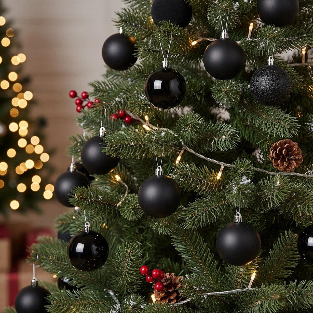 Black Shatterproof Christmas Baubles, 8 cm, Set of 16