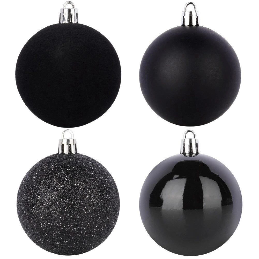 Black Shatterproof Christmas Baubles, 8 cm, Set of 16