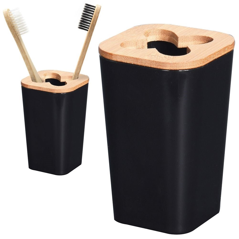 Black Toothbrush Mug with Bamboo Details for Organization