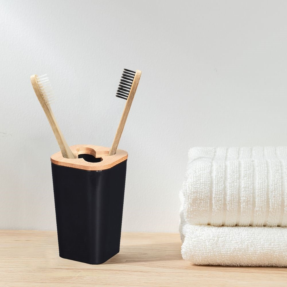 Black Toothbrush Mug with Bamboo Details for Organization