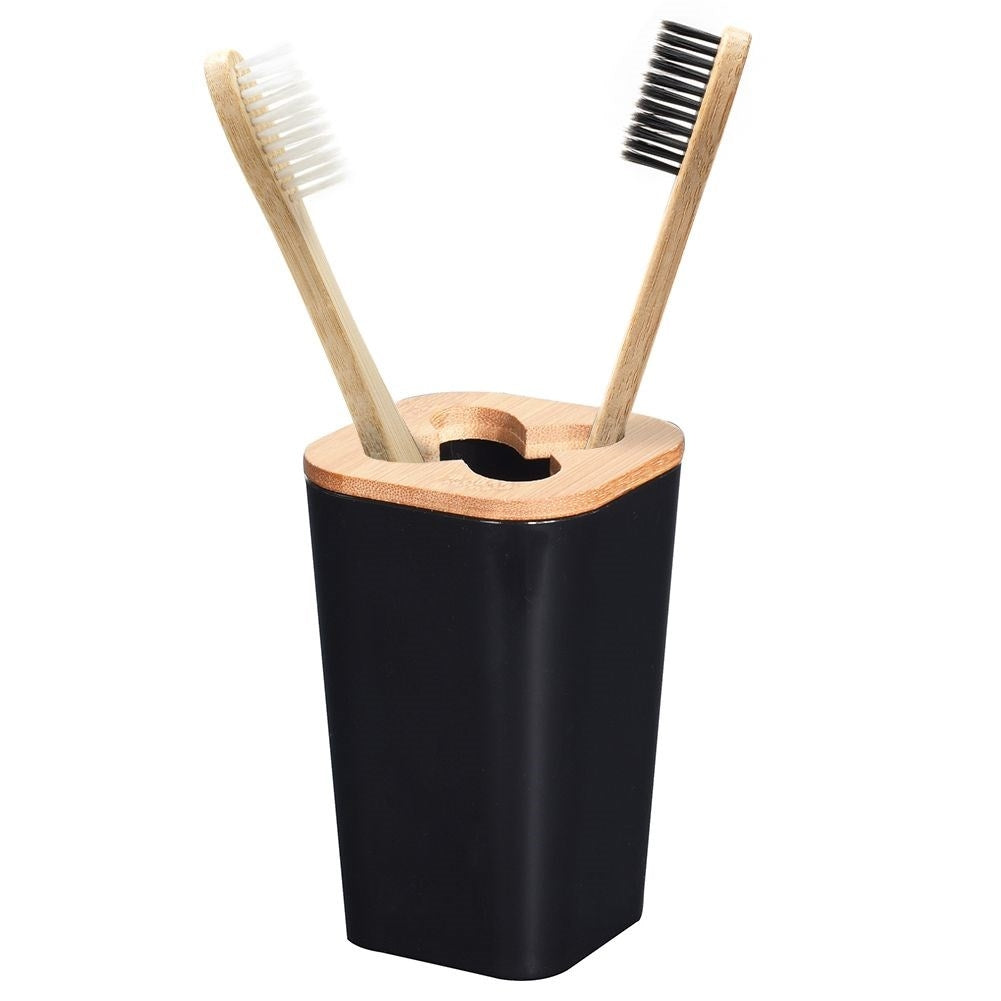 Black Toothbrush Mug with Bamboo Details for Organization