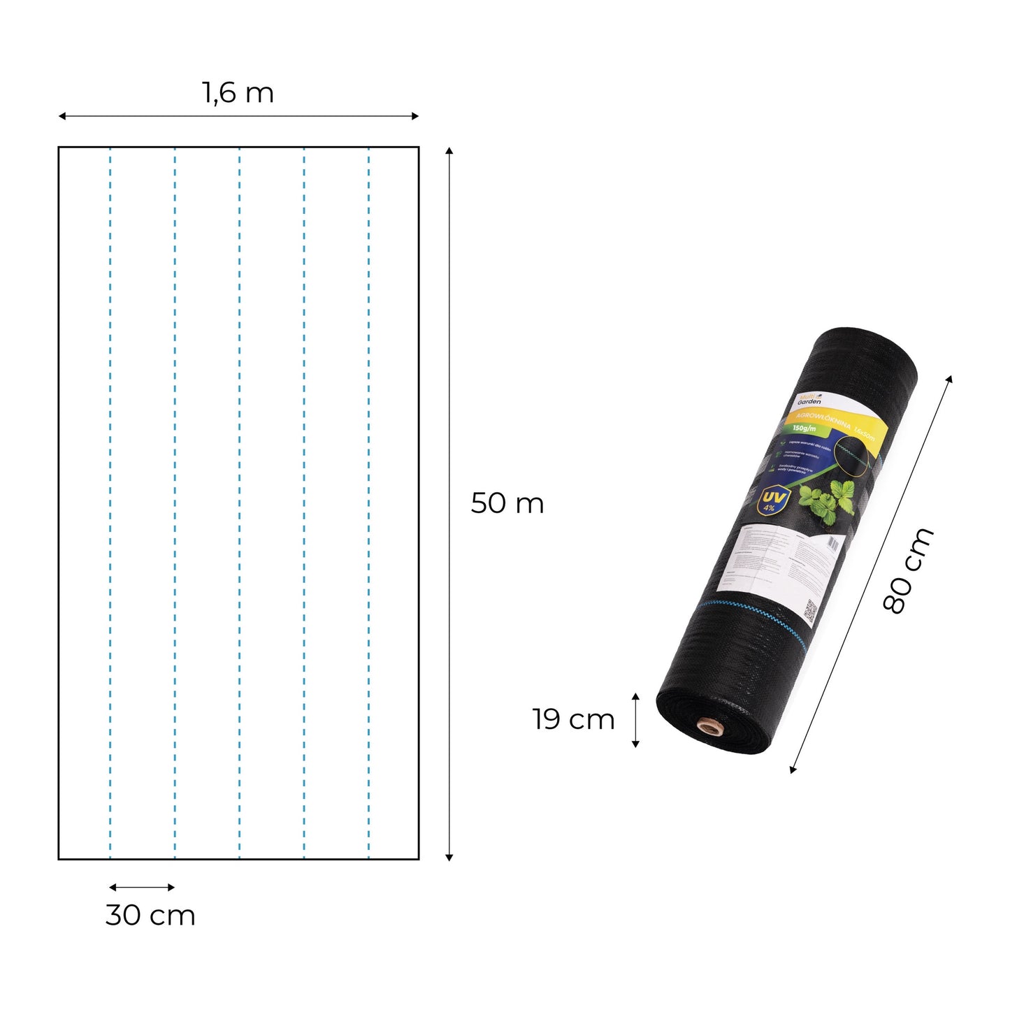 Black UV-Resistant Weed Control Fabric 1.6x50m with Pins