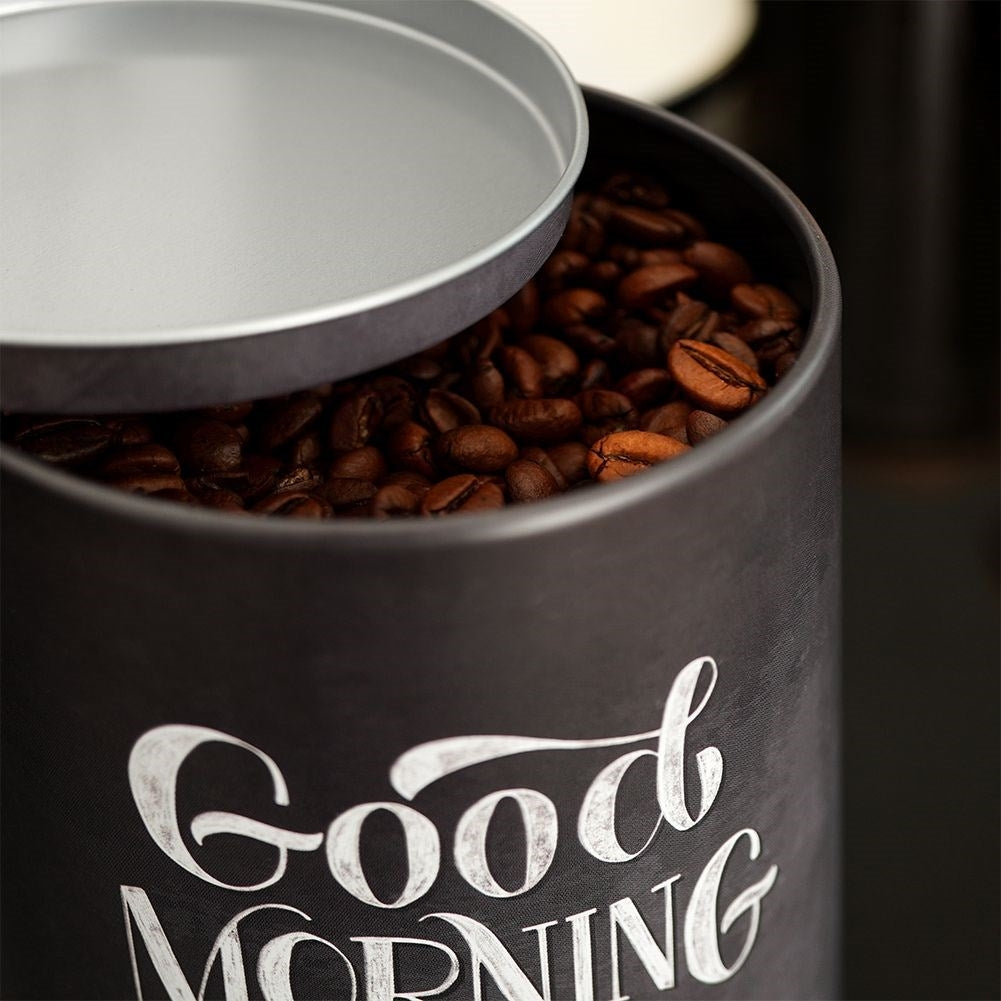 Black aluminum container with graphic pattern for coffee