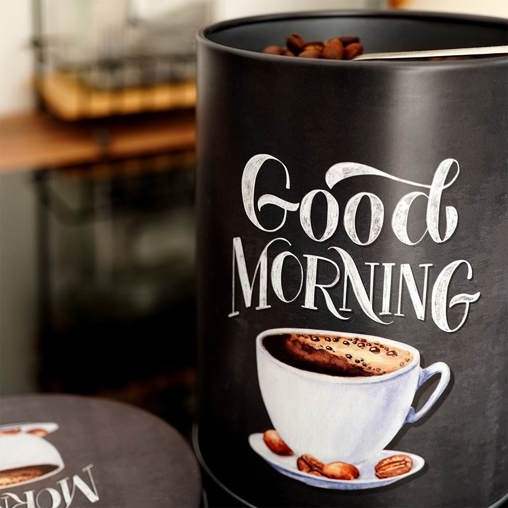 Black aluminum container with graphic pattern for coffee