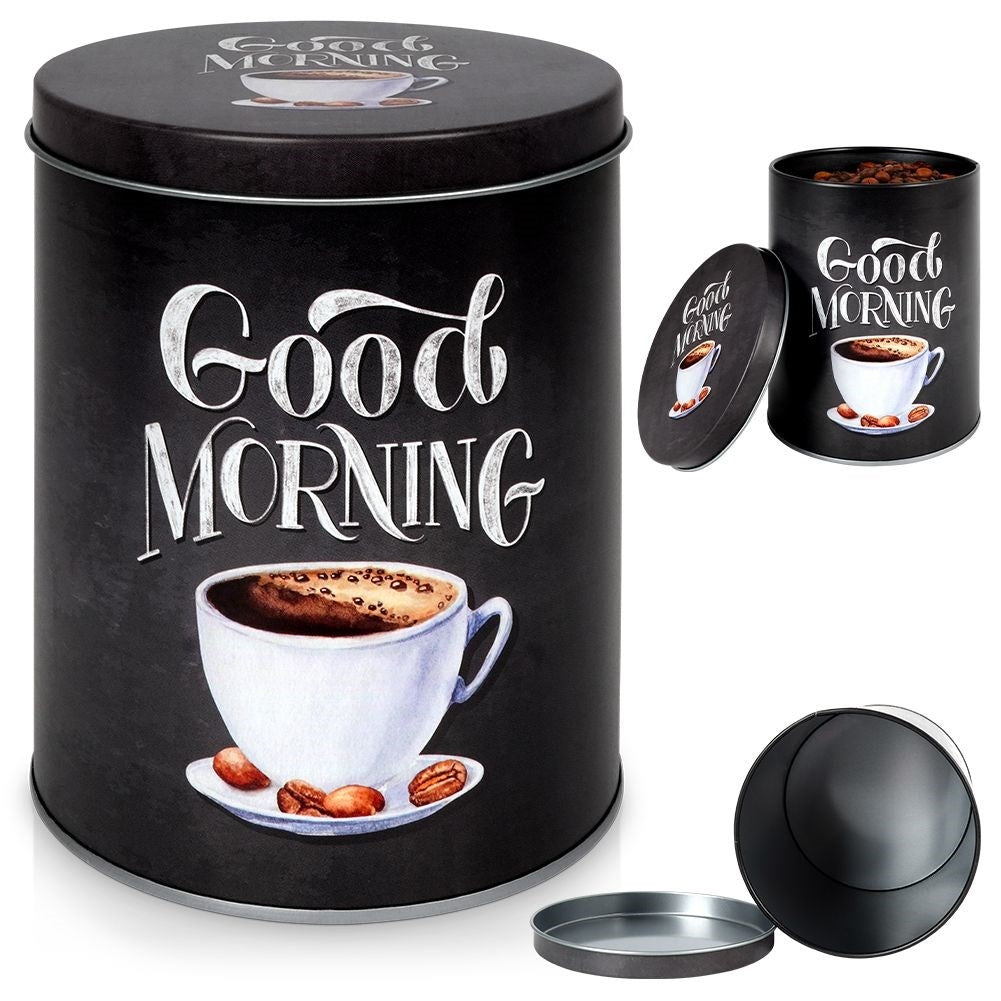 Black aluminum container with graphic pattern for coffee