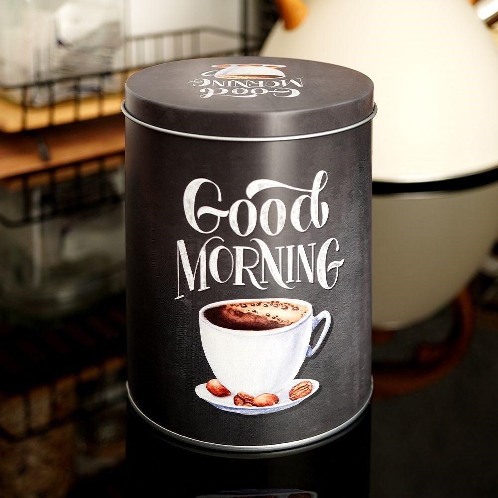 Black aluminum container with graphic pattern for coffee