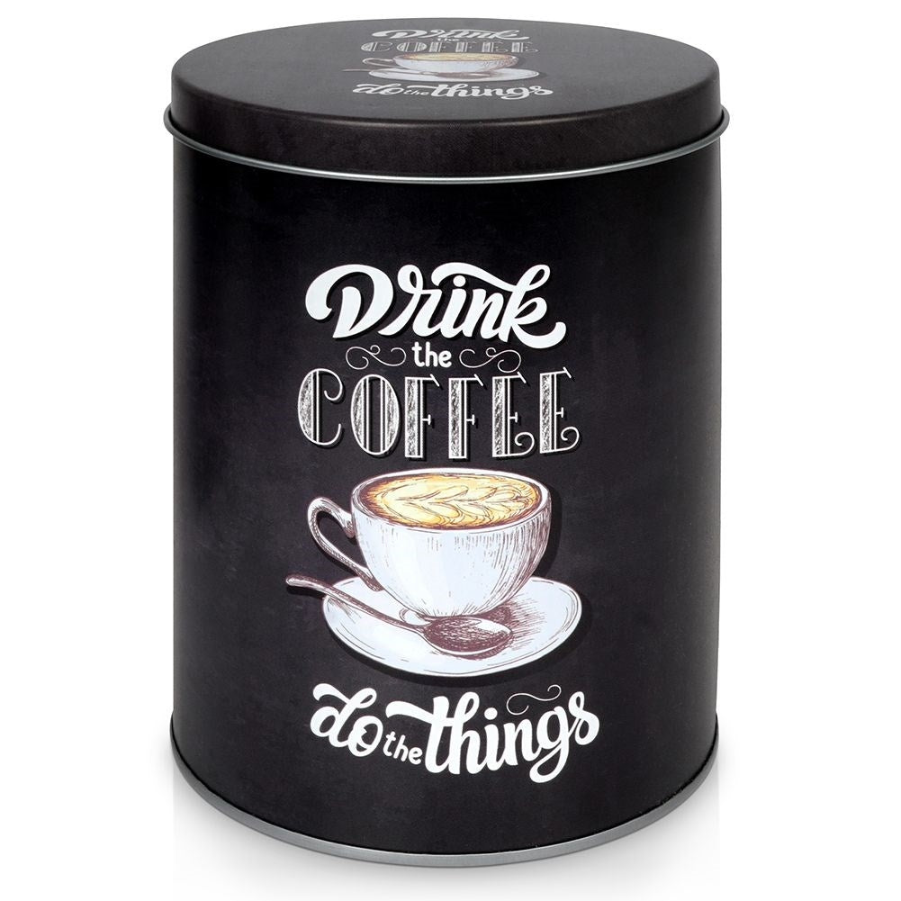 Black aluminum storage with graphic design for coffee.