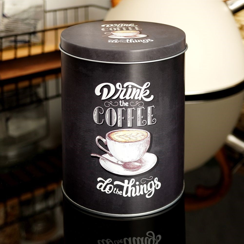 Black aluminum storage with graphic design for coffee.