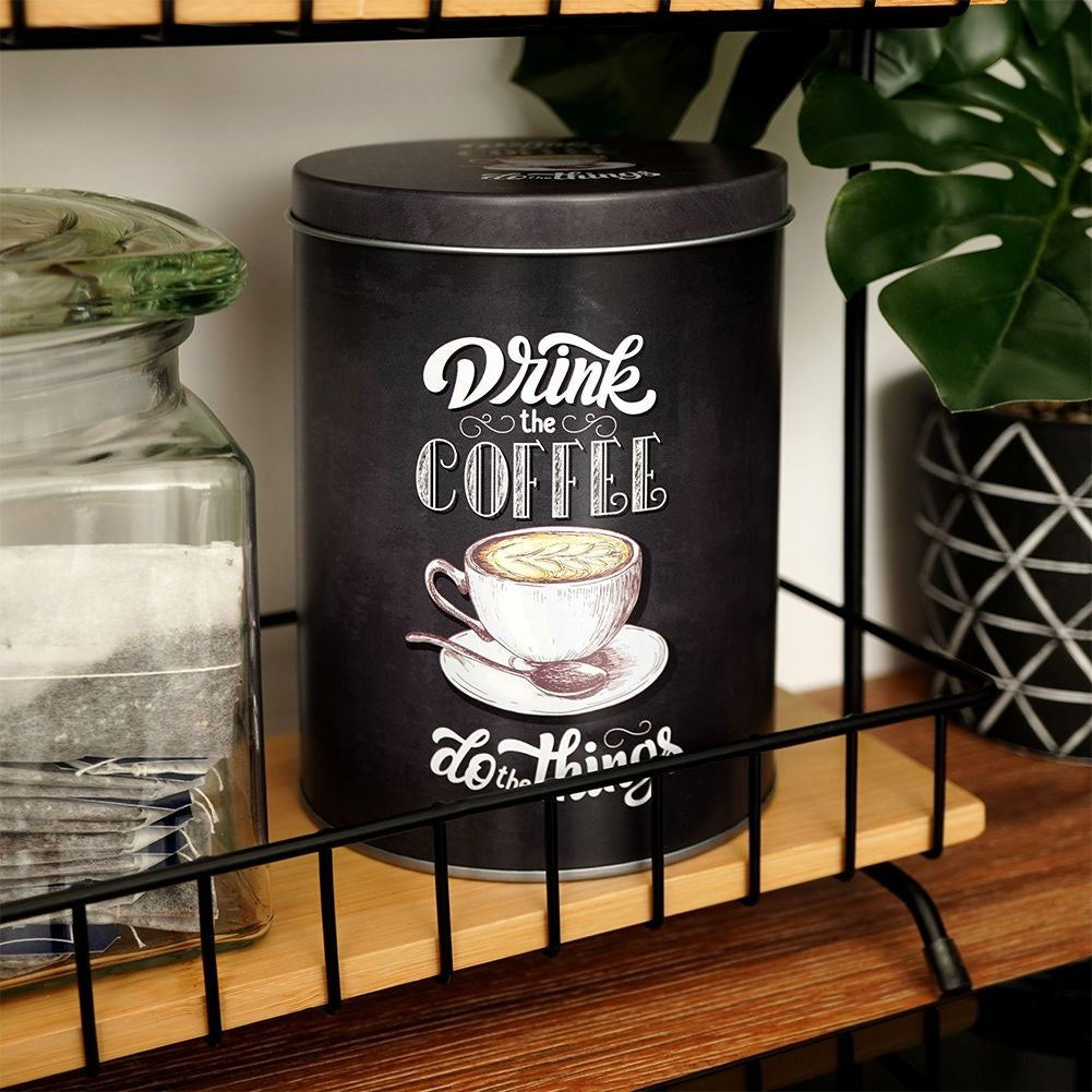 Black aluminum storage with graphic design for coffee.