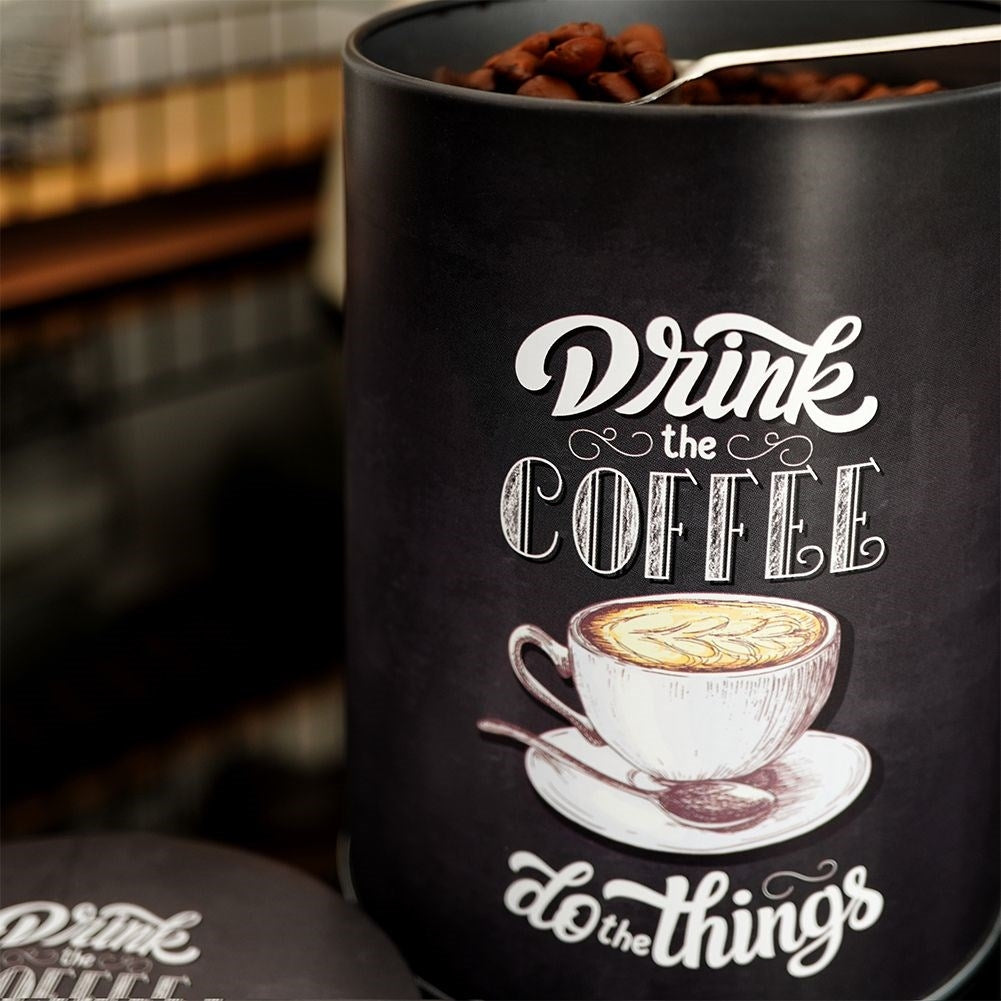 Black aluminum storage with graphic design for coffee.
