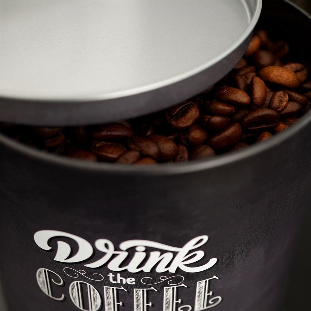 Black aluminum storage with graphic design for coffee.