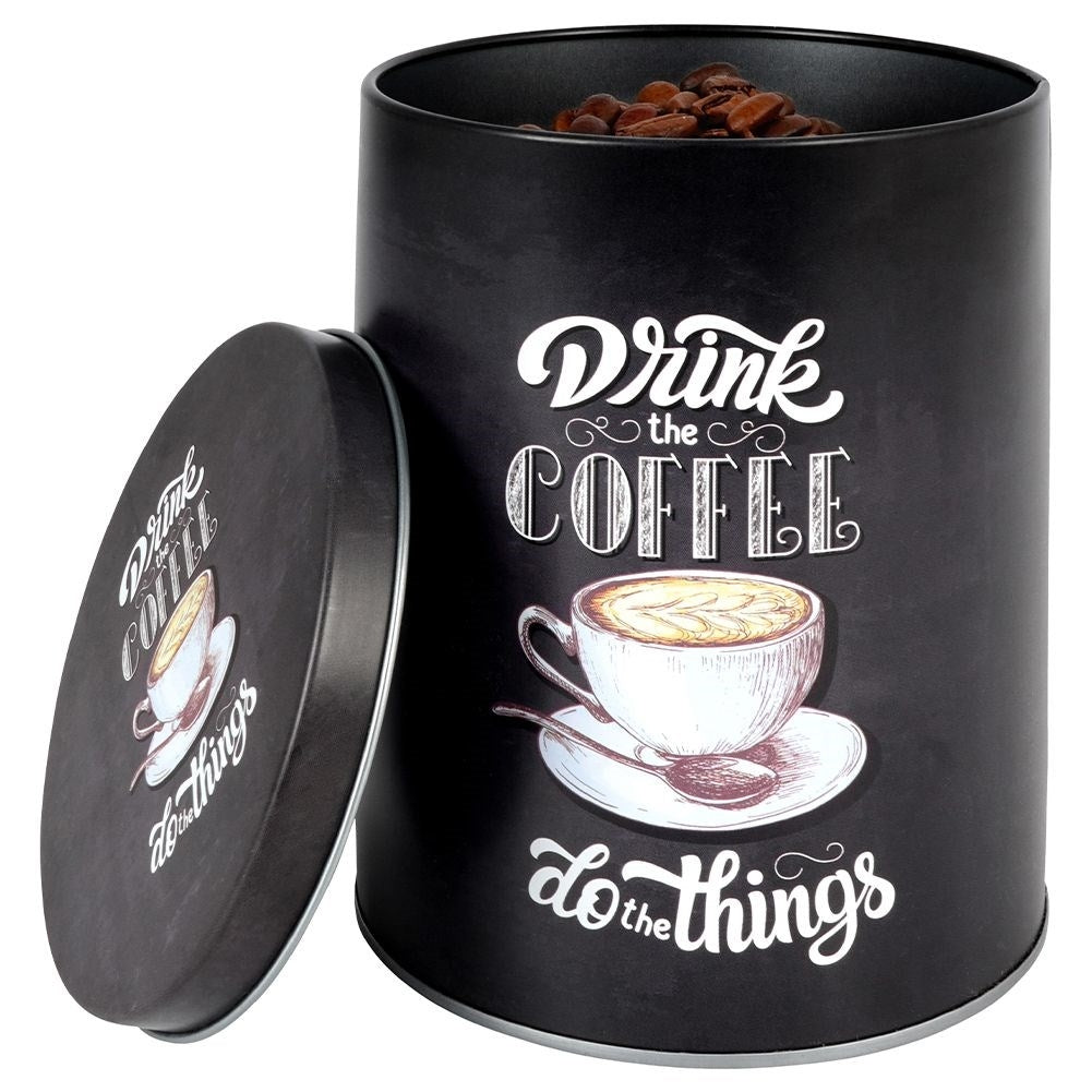 Black aluminum storage with graphic design for coffee.