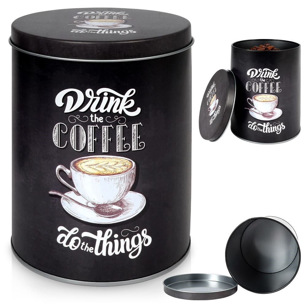 Black aluminum storage with graphic design for coffee.