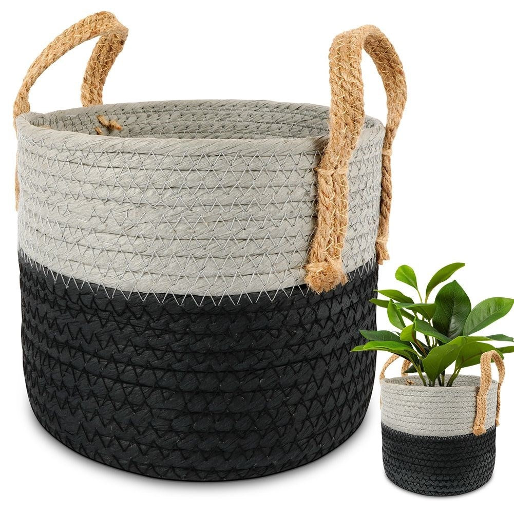 Black and gray waste bin with handle for storage